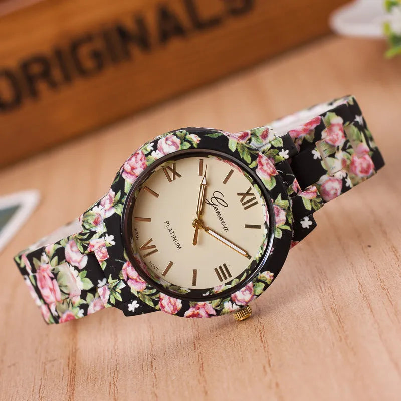 Fashion print quartz watch with white dial, resin strap, and round metal case