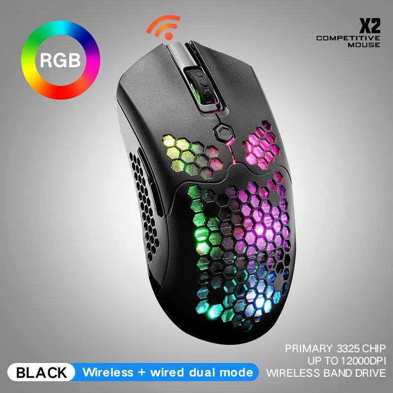 Free Wolf X2 wireless gaming mouse with RGB lighting in black, green, pink, white, and yellow colour options.