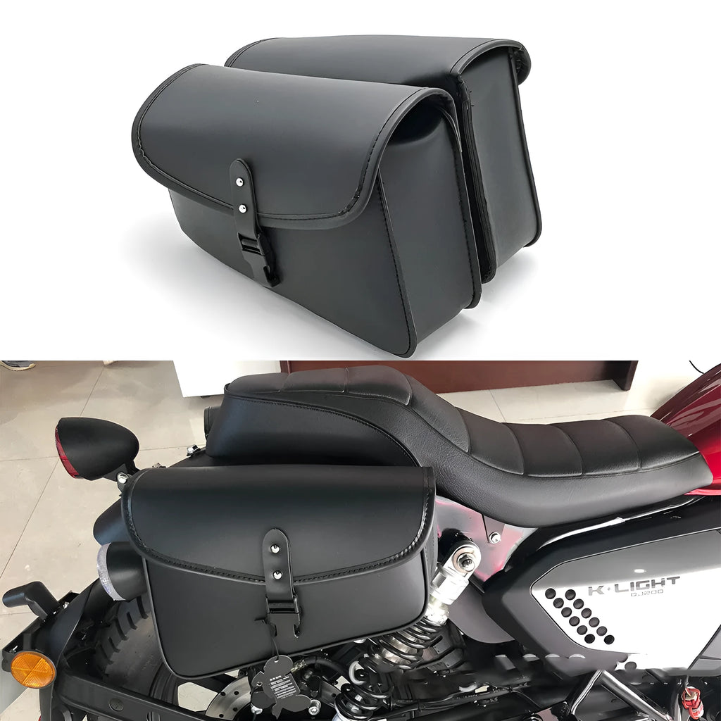 Black PU leather motorcycle swingarm saddlebag mounted on Sportster showing dimensions and mounting position