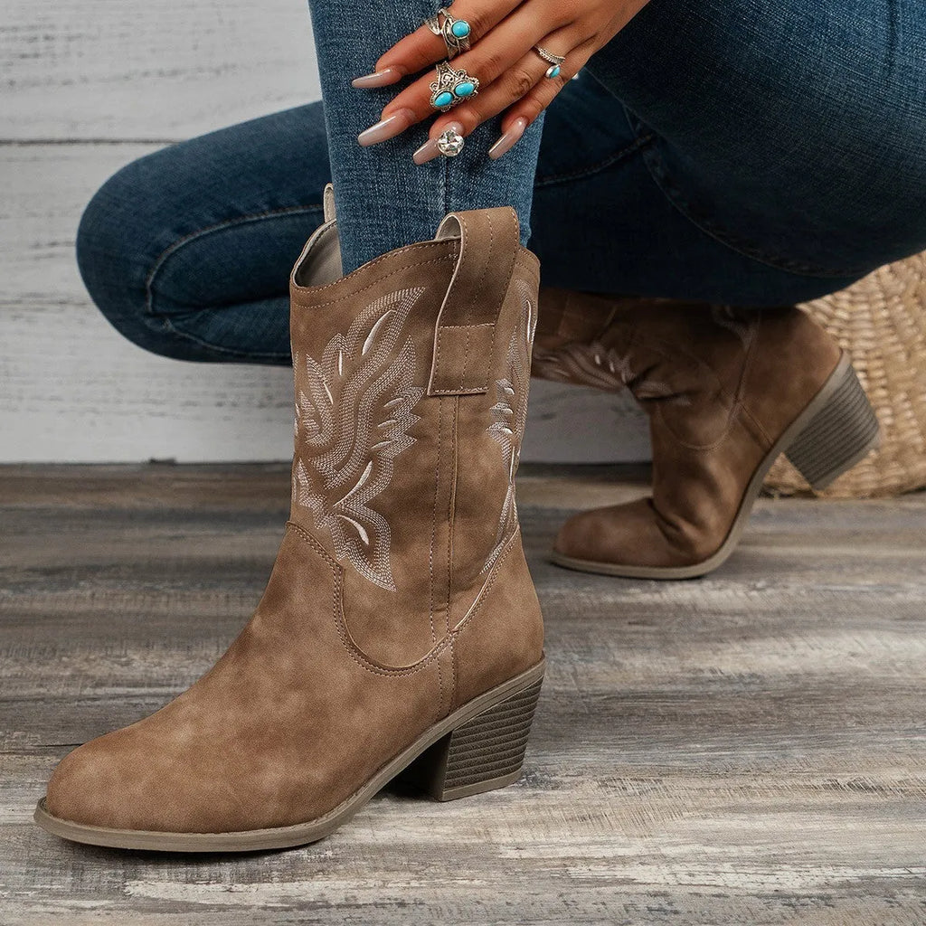 Women's V cut embroidered sleeve mid heel boots in suede, mid-calf length, rubber sole, Camel colour