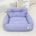Blue plaid and grey stain-resistant cloth dog nest for car use, showing small and large size options.
