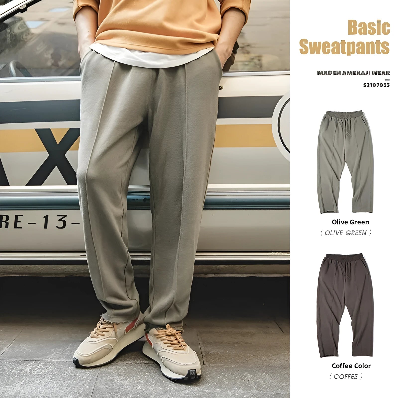 Men's cotton knitted sweatpants in olive green with tapered 3D cut hemming, straight leg retro style