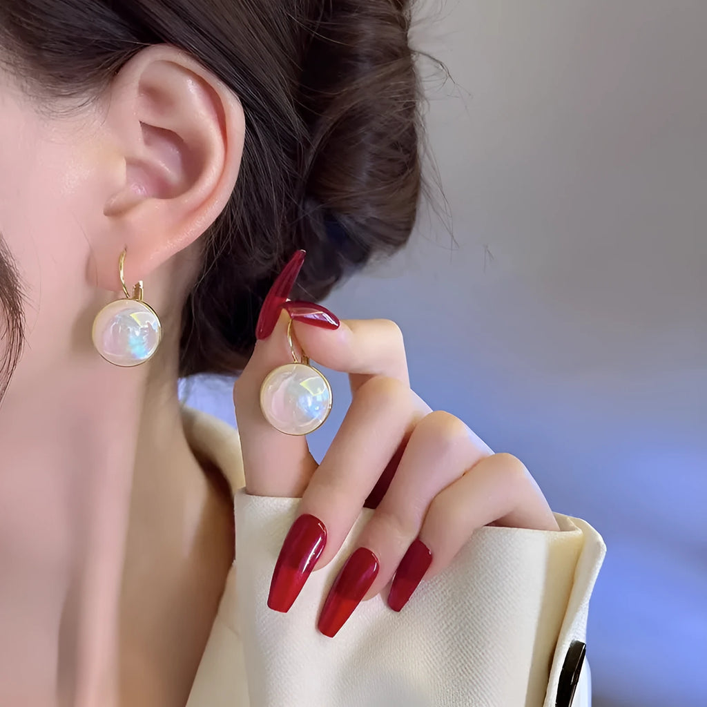 Geometric round metal ear clips with colourful mermaid pearl finish and anti-lost clip design