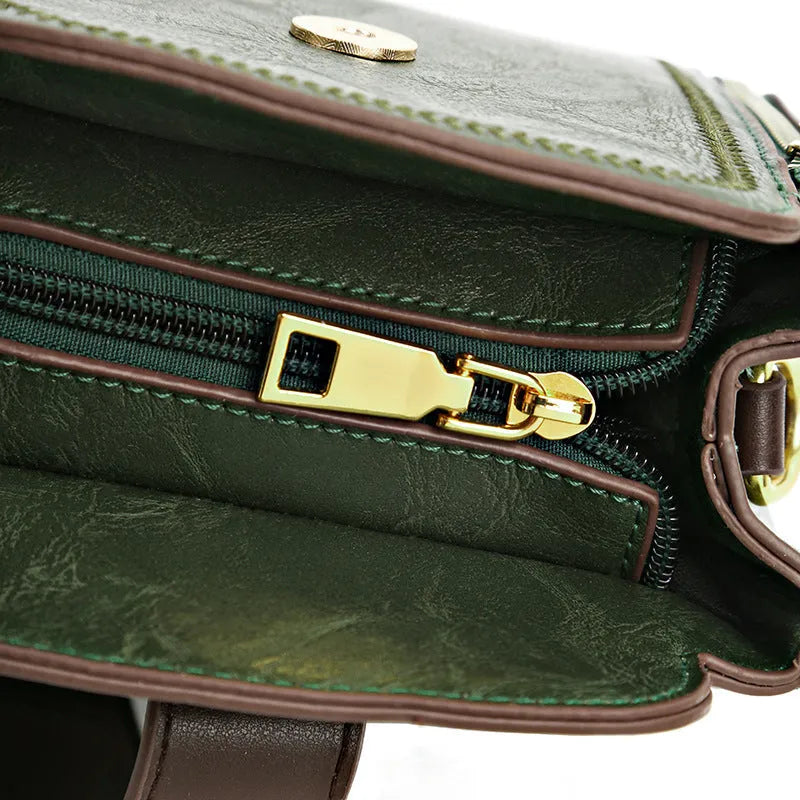 Women's retro soft leather-textured PU shoulder crossbody handbag in brown with sandwich pocket and mobile phone pocket