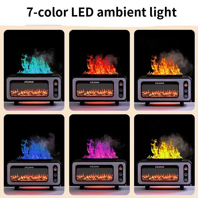 Black ultrasonic flame humidifier 200ml with 3D fireplace effect and 7-colour LED light, 210*80*118mm