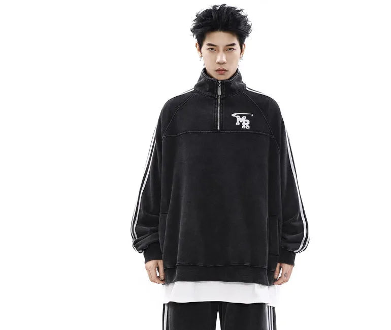 Black polyester sports hoodie with stand collar and long sleeves