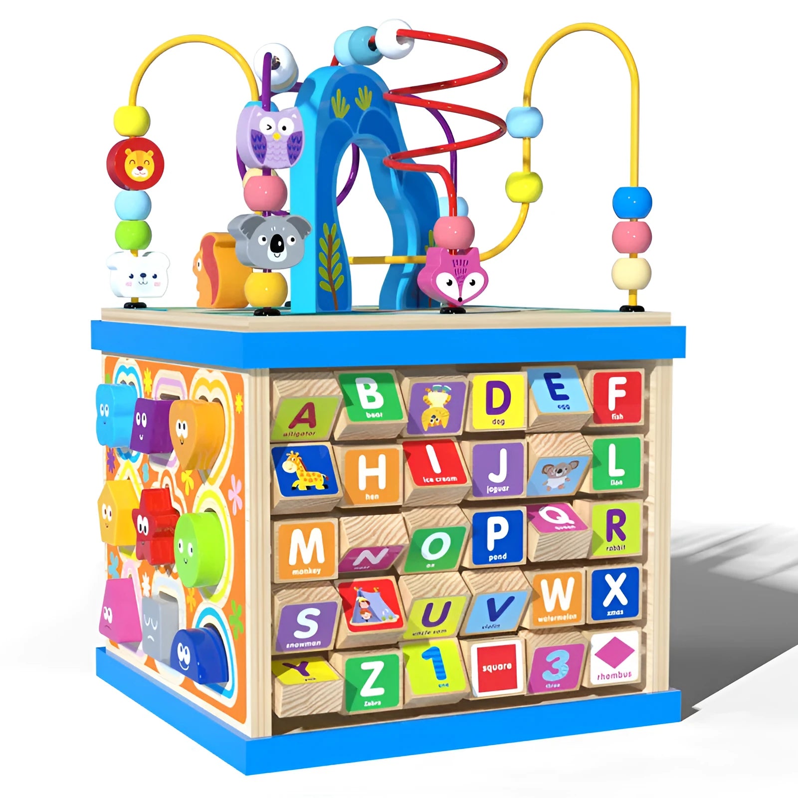 Blue wooden bead maze activity cube with multiple play scenes for toddlers