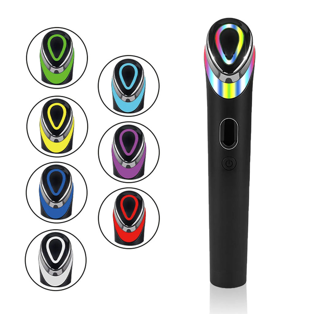 Black 7 colour light vibration therapy massager for eyes and face on a plain background.