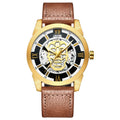 Biden men's hollow dial quartz watch with brown leather strap and date display