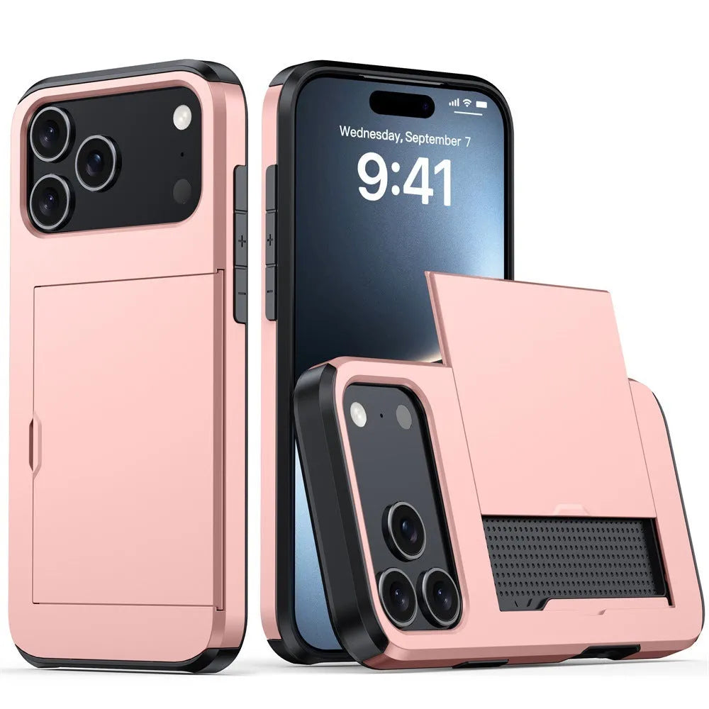 Sliding cover card holder phone case for iPhone in multiple colour options showing card slot.