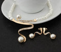 Gold colour pearl necklace and earrings set with deep V clavicle design and drop-shaped earrings