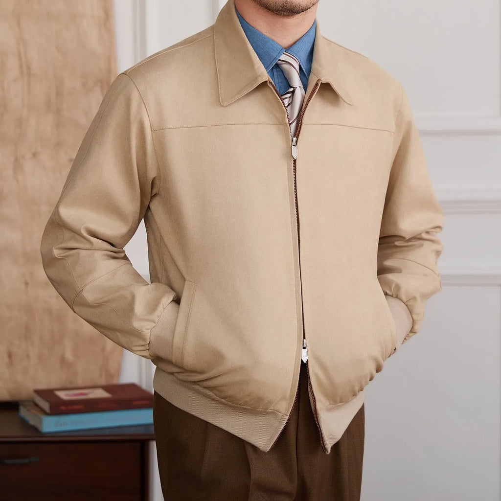 Men's suede bomber jacket with turn-down collar and zipper in apricot colour