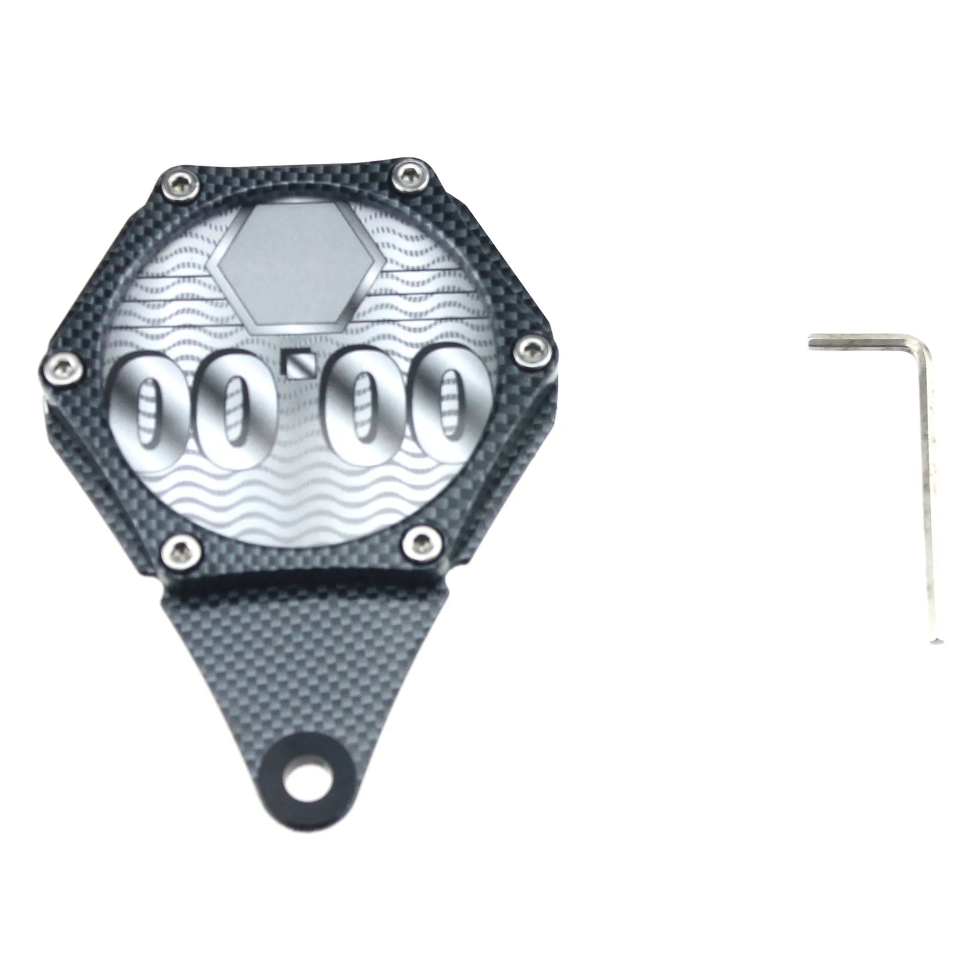 Black carbon fibre pattern metal motorcycle tax seal with anti-theft screw