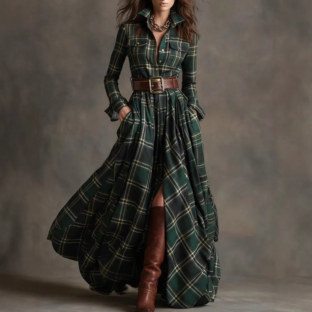 Women's Geometric Plaid Irregular Dress with Stitching Detail Mid Waist Fit Available in S-XXL Black Gray Navy Blue Green Khaki Polyester Fabric