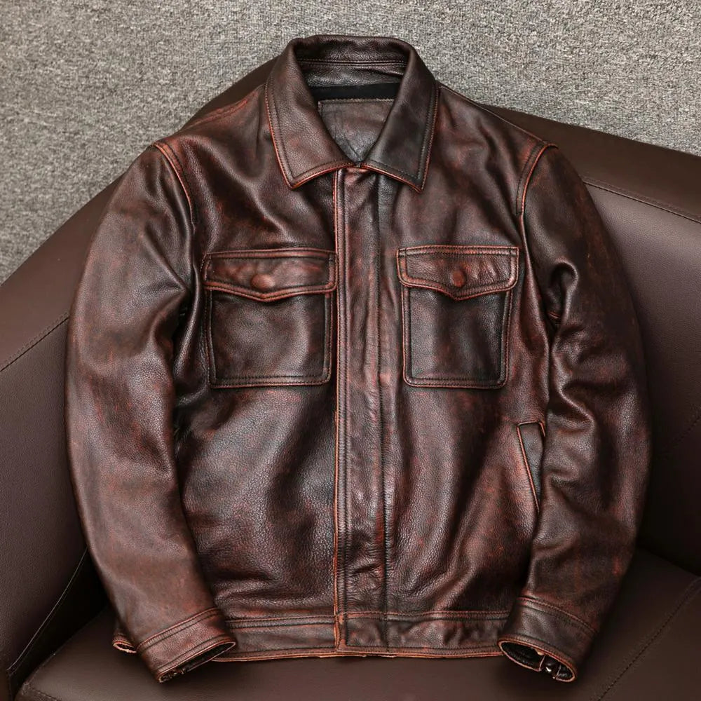 A loose-fit men's black PU leather lapel jacket with a side pocket, shown on a model.