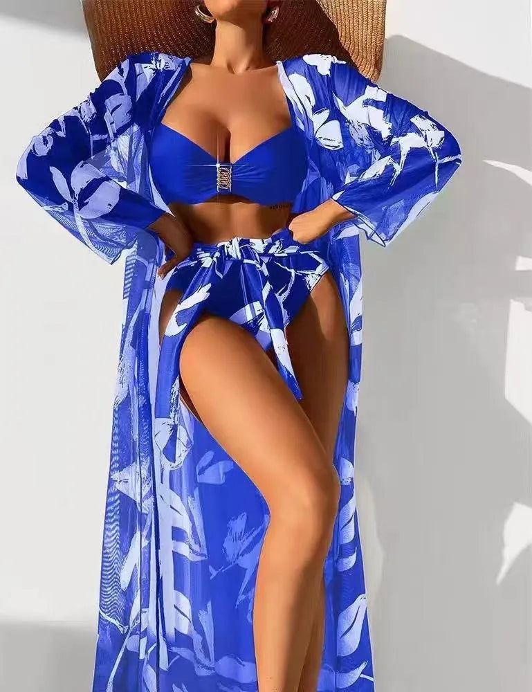 Women's Long Shirt High Waist Swimsuit Split Bikini Three Piece Set Sexy European American Style Black Peacock Blue Fluorescent Green Red Sapphire Blue Yellow S M L XL Polyester Adult Swimming and Wading Swimwear