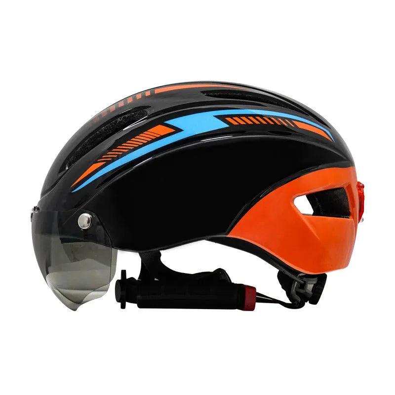 Adult bicycle helmet in Black Blue White colour scheme with adjustable straps and free size fit.