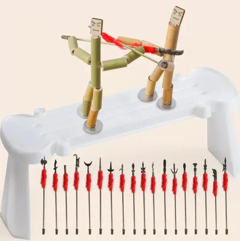 Bamboo Man children's wooden fighting game table set with two Bamboo Man figures and iron weapons in gift box