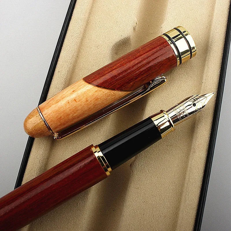 Wooden barrel pen with metal components and a storage bag