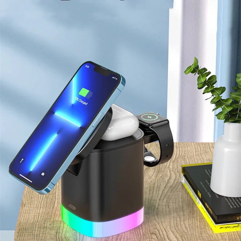 Black foldable 3 in 1 magnetic wireless charging station for phones, iWatch and AirPods with RGB indicator lights