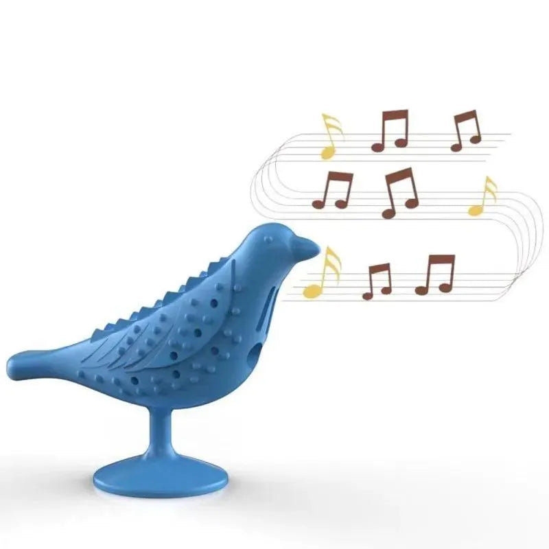 Blue bird shape interactive cat toy with suction cup base on a floor