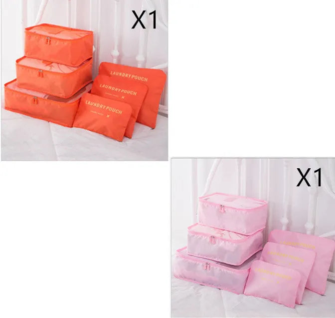 6 PCS travel storage bag set in polyester with handbag shape, multiple colour options for clothes and cosmetic organisation