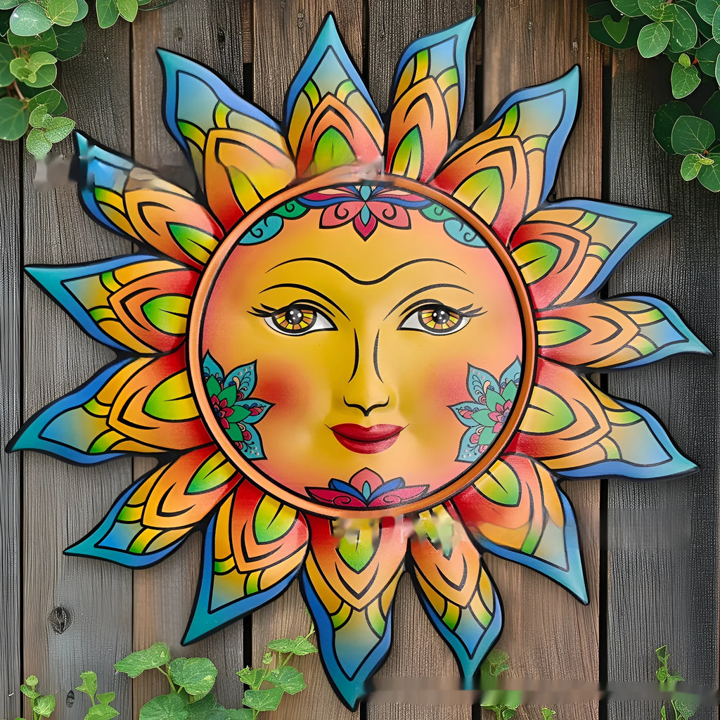 Iron sun face decorative wall hanging in multiple colour options for indoor living room or garden display