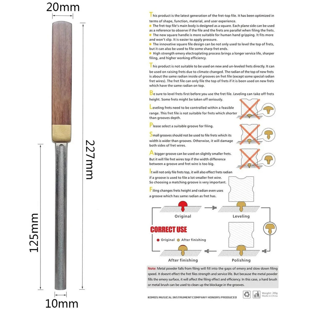 Square guitar fret edge file with four gauge slots 1mm 2mm 3mm 4mm, carbon steel body, diamond grit, wooden handle