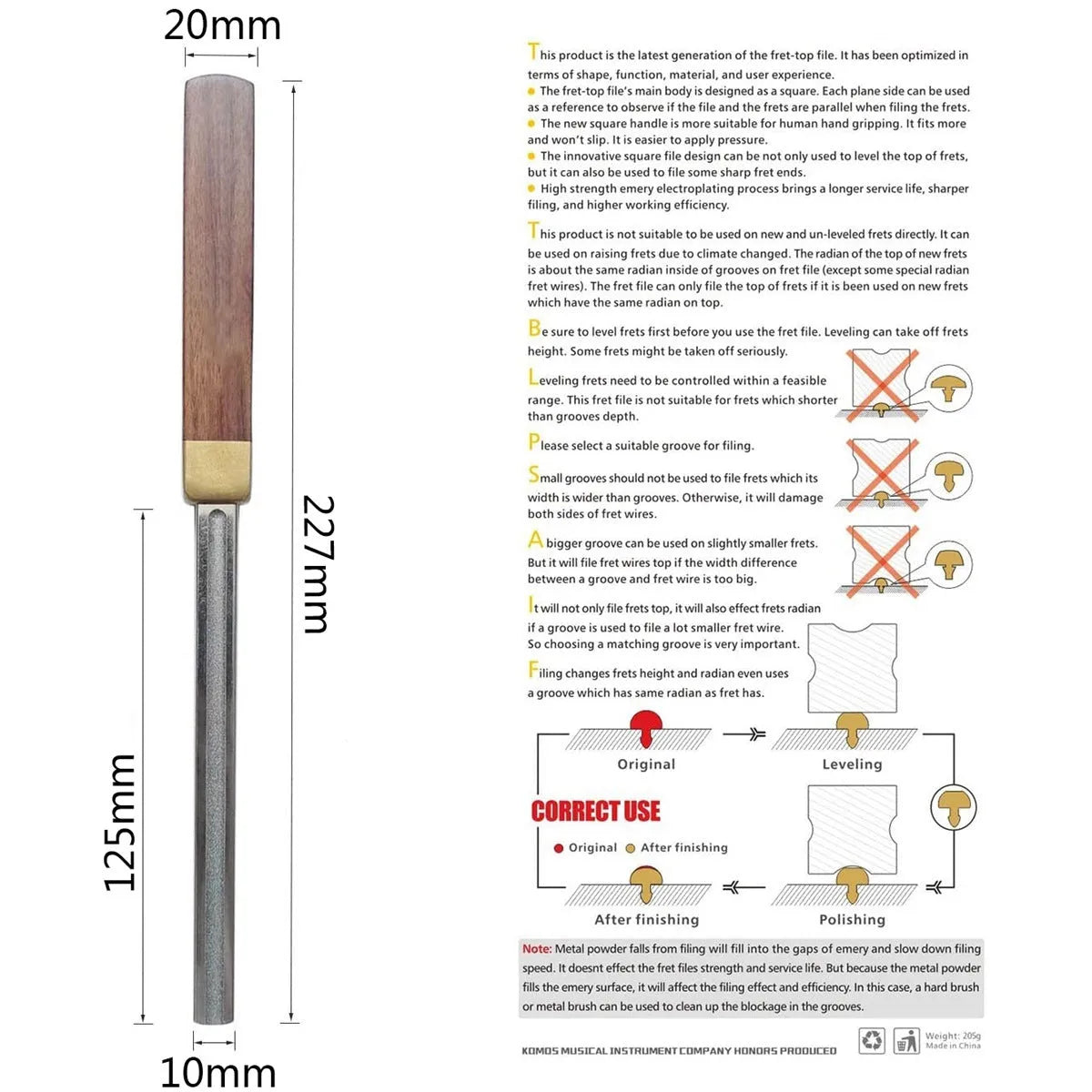 Square guitar fret edge file with four gauge slots 1mm 2mm 3mm 4mm, carbon steel body, diamond grit, wooden handle