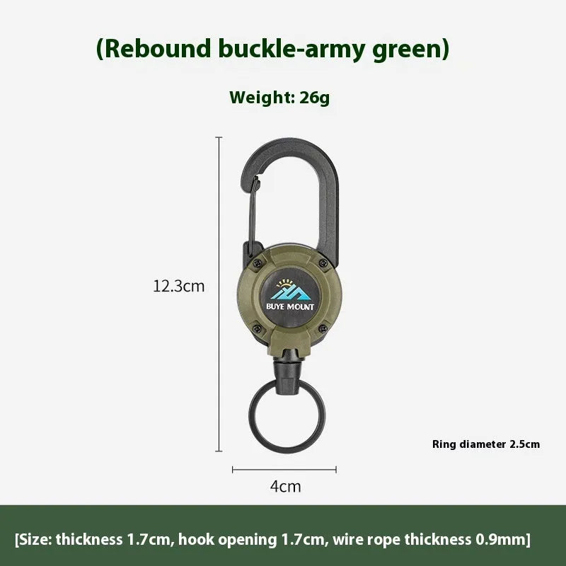 Retractable plastic buckle hook for outdoor camping in black against a green background
