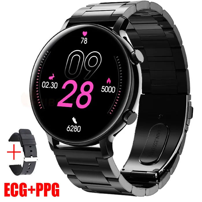 Black Bluetooth smartwatch with stainless steel strap showing call and heart rate monitoring functions on screen.