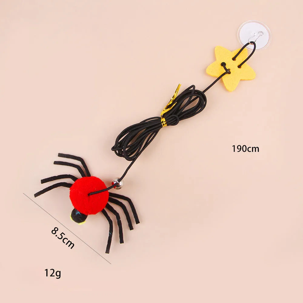 Hanging door cat toy with elastic rope and feather stick in red or yellow colour options