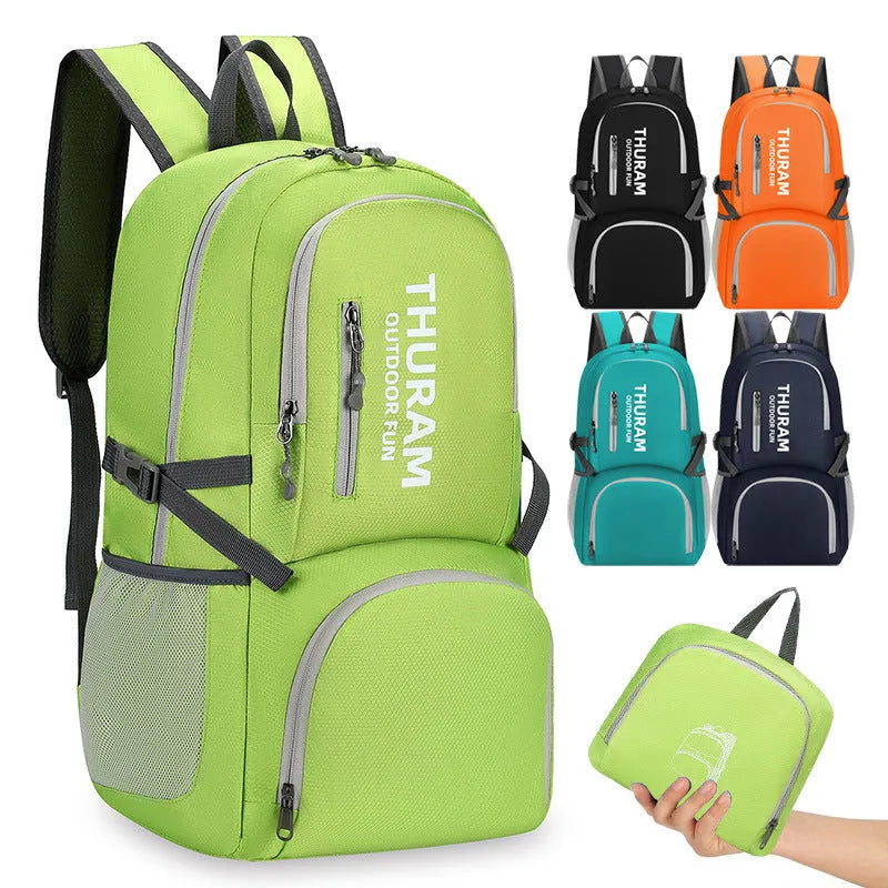 Large dark blue outdoor backpack with an air pillow belt, shown folded and unfolded.