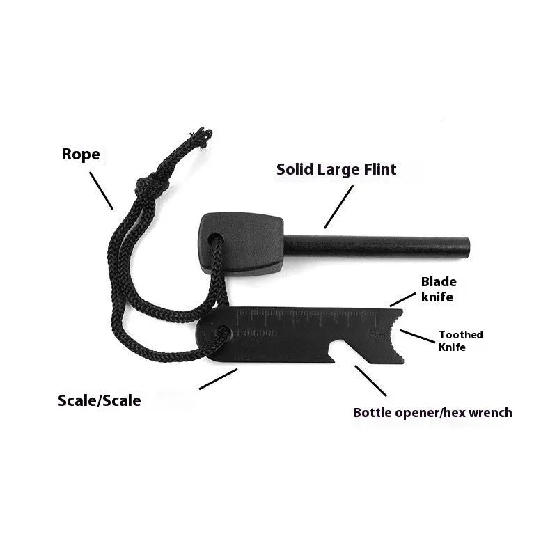 Black outdoor multifunctional flint with magnesium rod, stainless steel scraper, and survival whistle.
