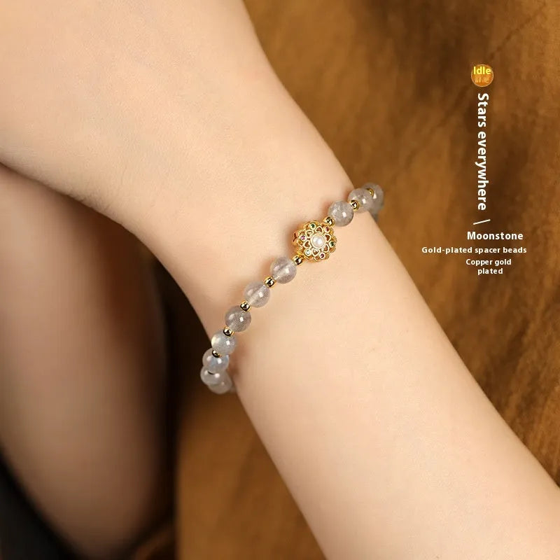 Hand-woven grey moonstone and peach blossom crystal bracelet with 6mm beads