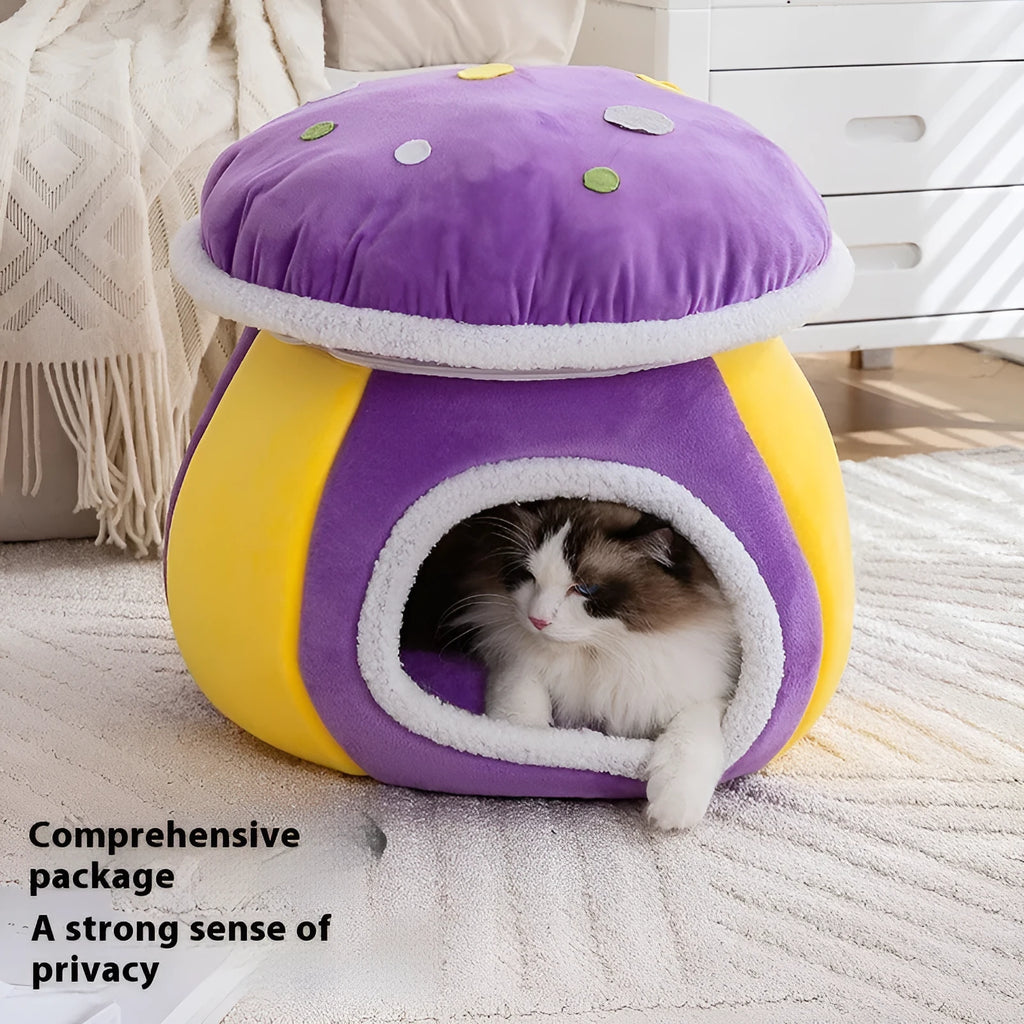 Grey mushroom-shaped plush cat bed on a white background.