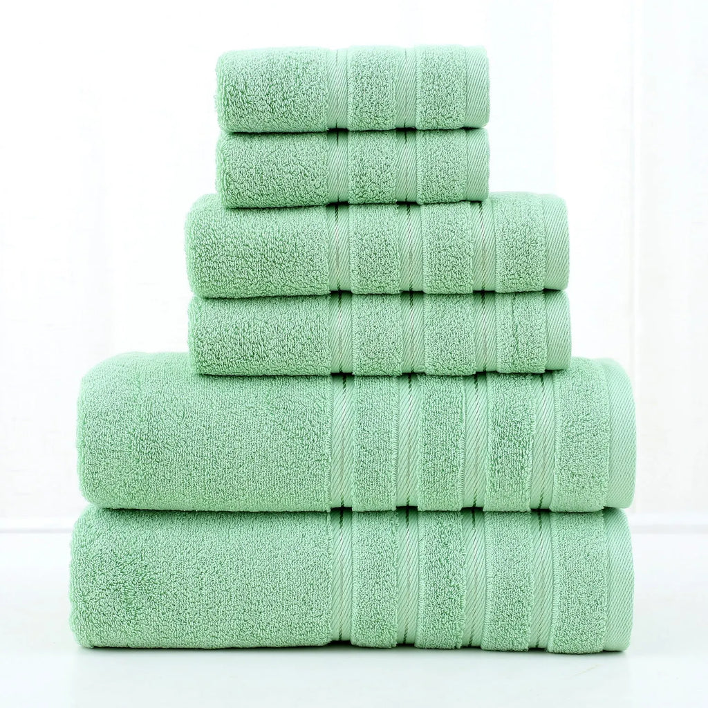 Six-piece combed cotton towel set in twill weave with bath towel, hand towel, and square towel in matching colour