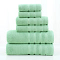 Six-piece combed cotton towel set in twill weave with bath towel, hand towel, and square towel in matching colour