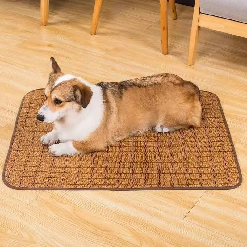 Brown woven rattan dog cooling mat showing open weave pattern for breathability