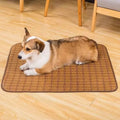 Brown woven rattan dog cooling mat showing open weave pattern for breathability