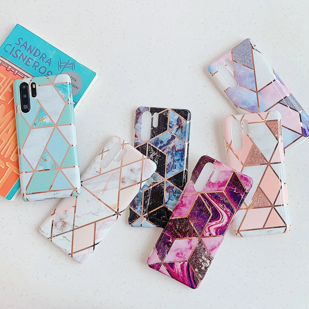 Electroplated marble patterned phone back cover case for Huawei and Samsung smartphones.