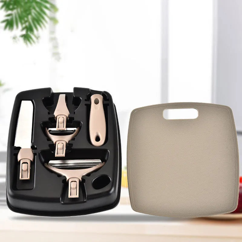 Green eight-piece multi-function kitchen planer set with stainless steel blades and ergonomic handles on a white background.