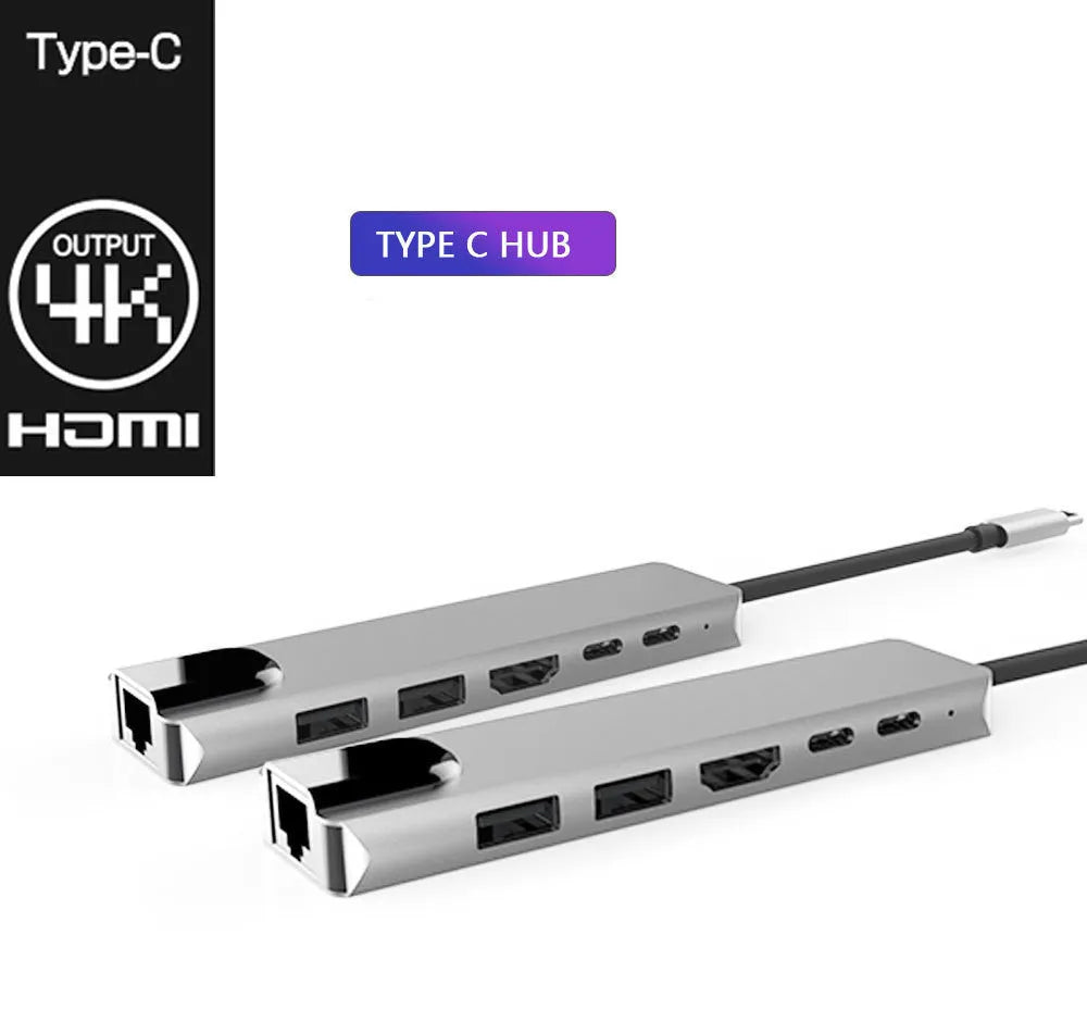 6-in-1 USB C hub, metal grey, with HDMI 4K 30Hz, two USB 3.0, two USB-C PD, and RJ45 Ethernet ports