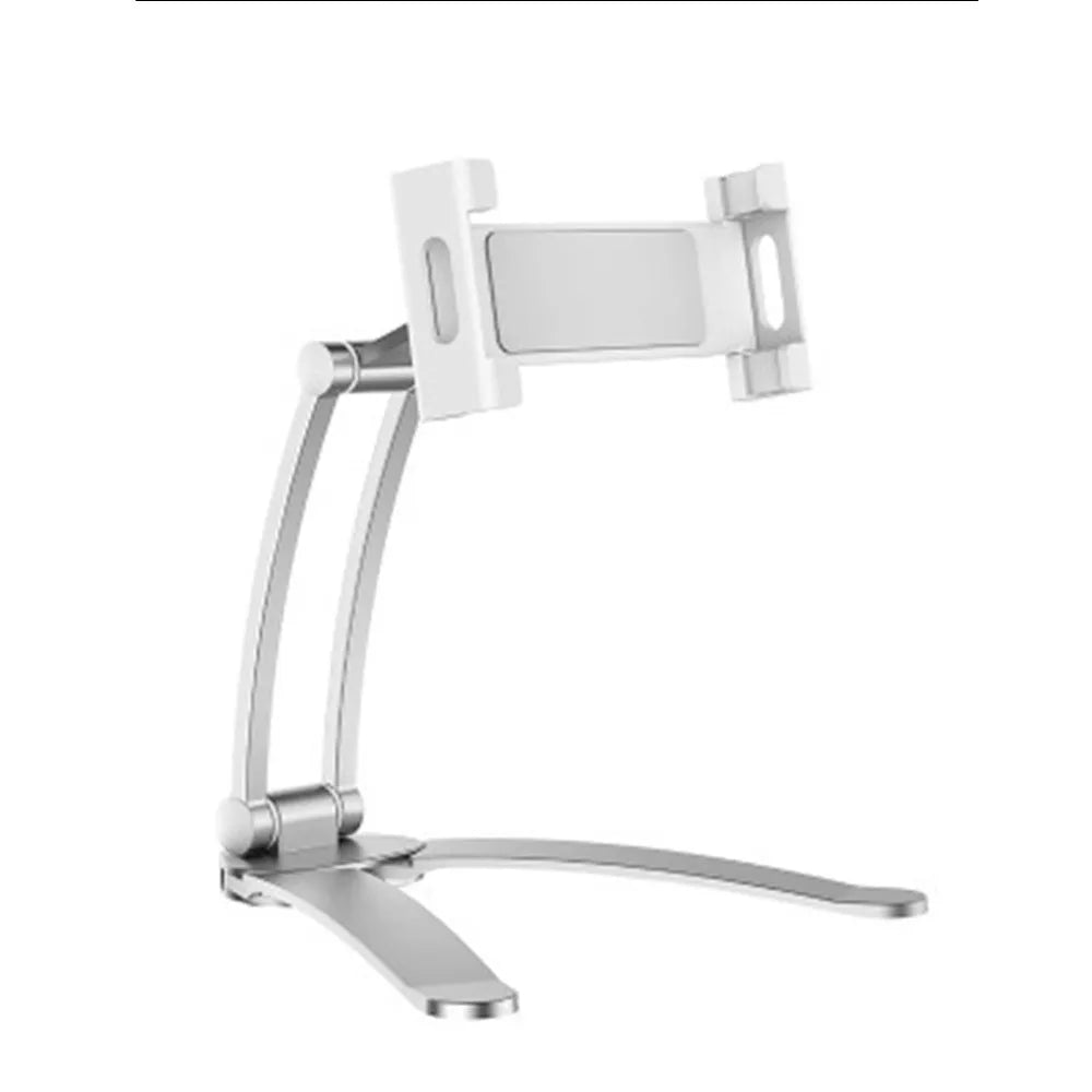 Silver aluminium alloy desktop stand holding a tablet at an angle, with adjustable clips and a white mounting base.