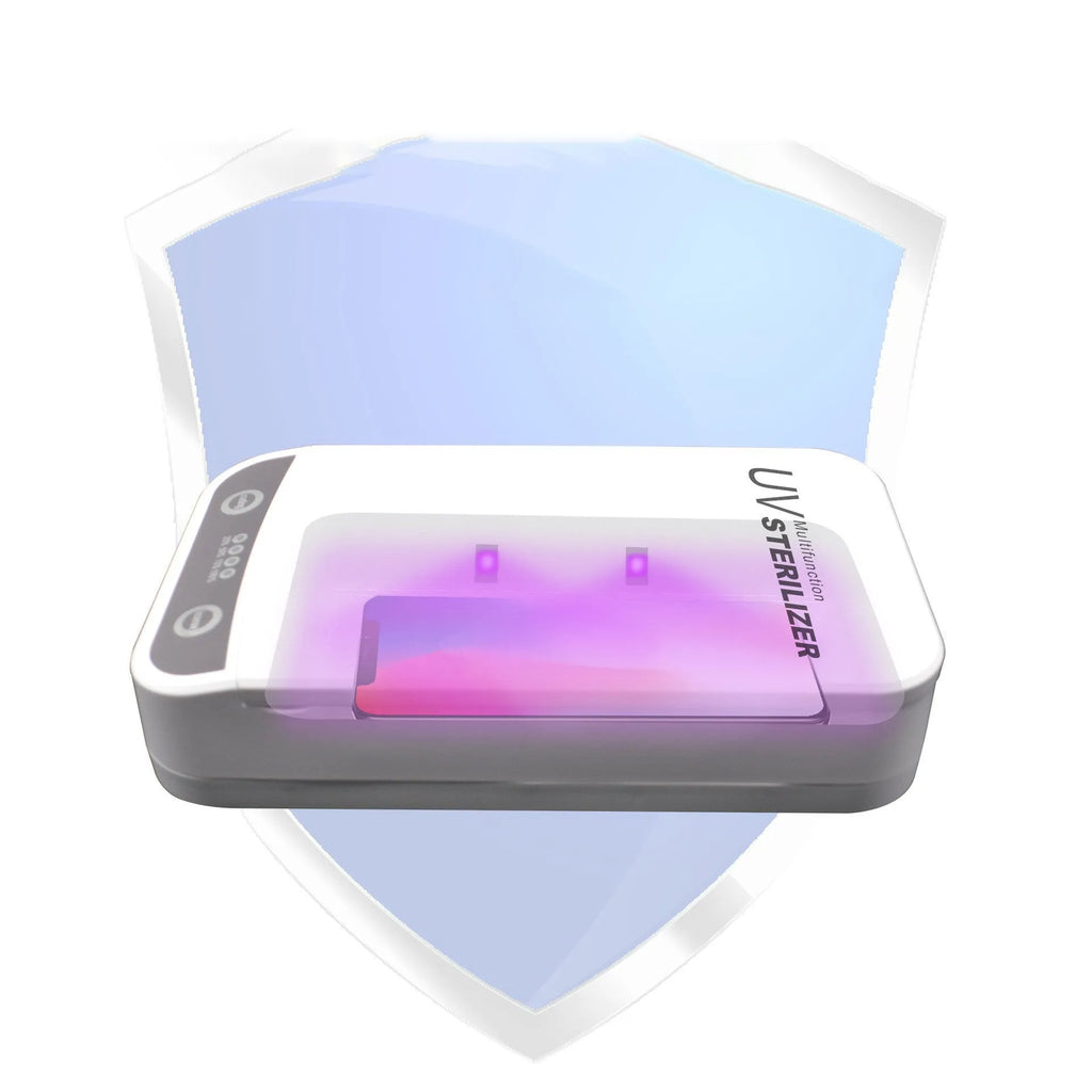 Compact UV disinfection box for sanitising mobile phones and small personal items.