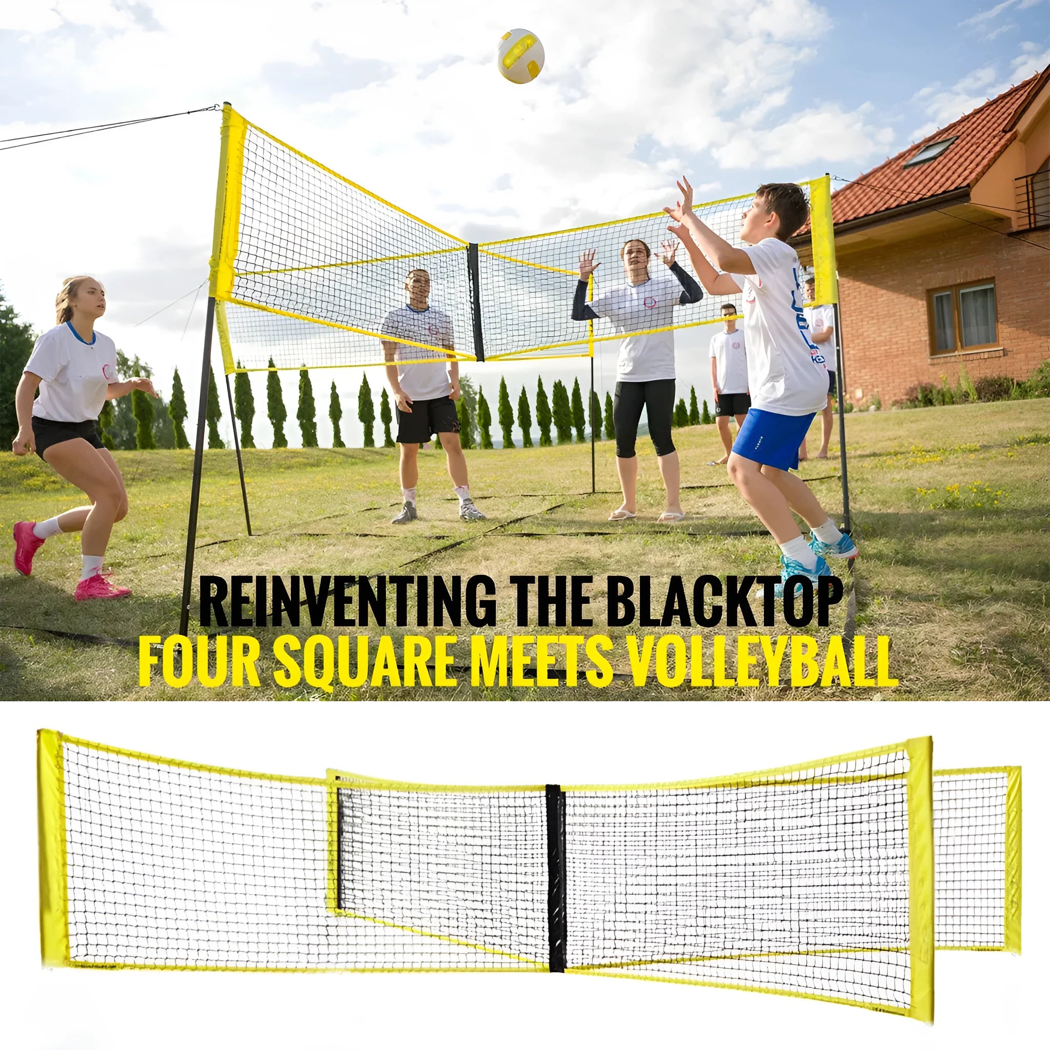 Black PE four sides standard volleyball net with rope and canvas hemming