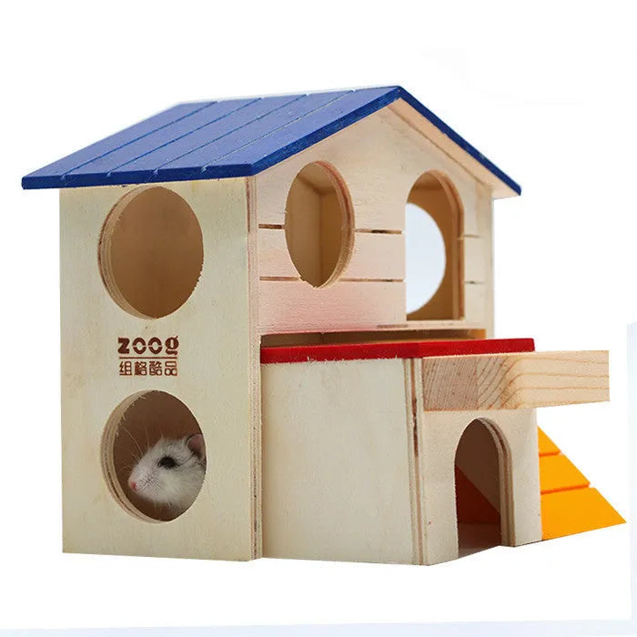 Blue top villa wooden hamster chalet toy measuring 17x17x15cm for small pet dental care