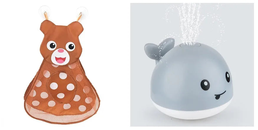Whale-shaped electric bath toy spraying water with flashing lights, floating in baby bathtub