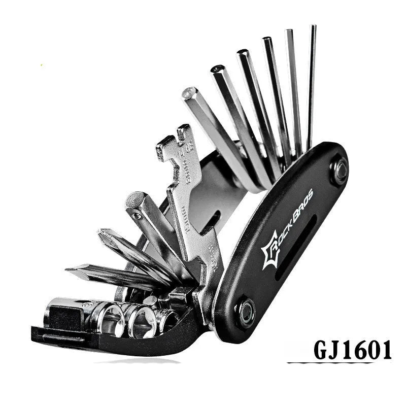 Mountain Cycle 16-in-1 carbon steel bicycle multi tool with socket wrenches and hex keys on a workbench