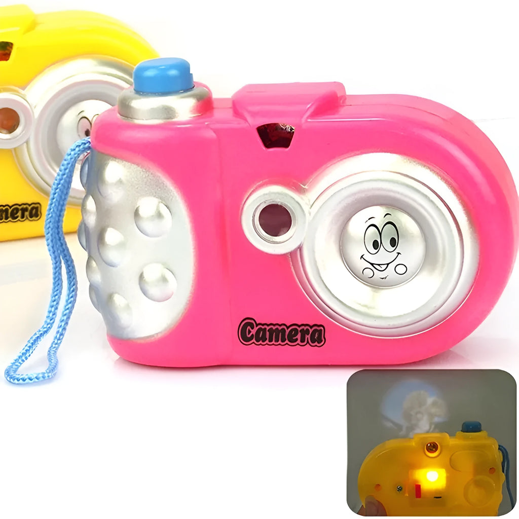 Kids plastic projection camera toy showing animal images with sliding lens cap